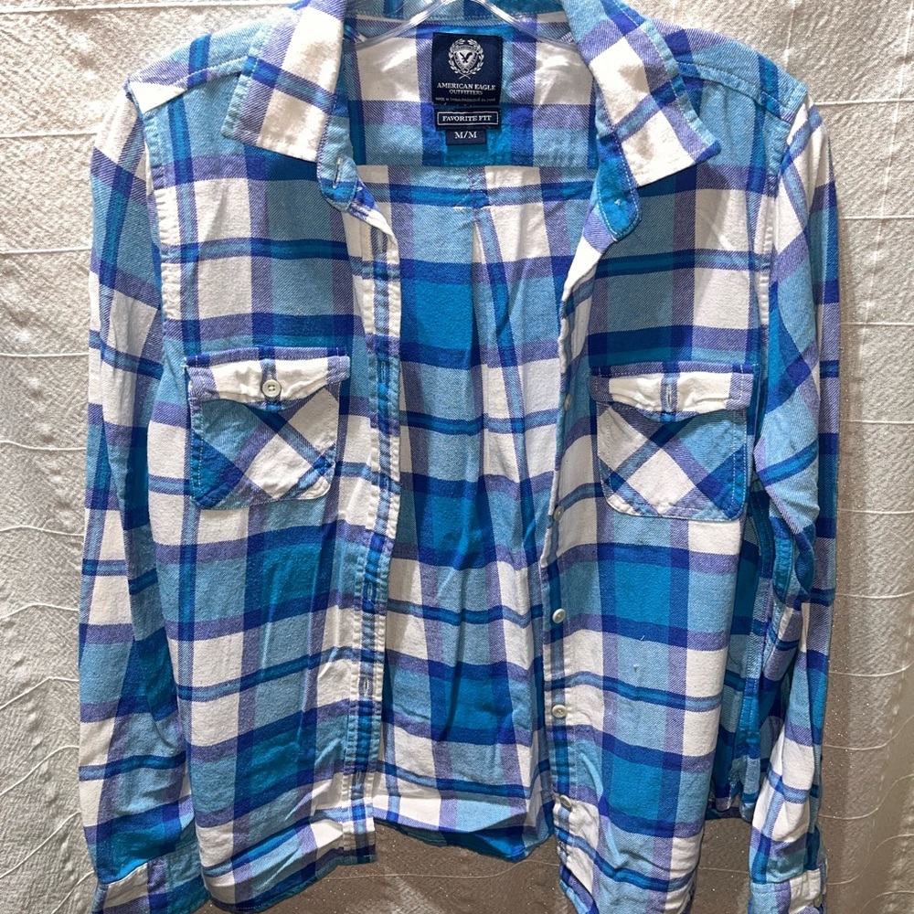 American Eagle Outfitters Blue and White Plaid Shirt